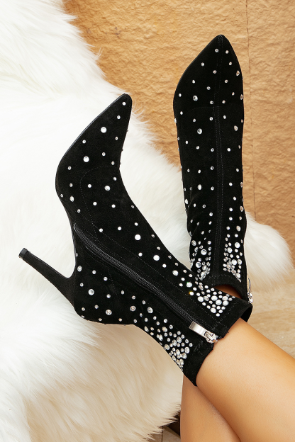 Rhinestone Decor Suede Leather Pointy Toe Stiletto Mid Top Boots-Black-Hayhty.All Rights Reserved.