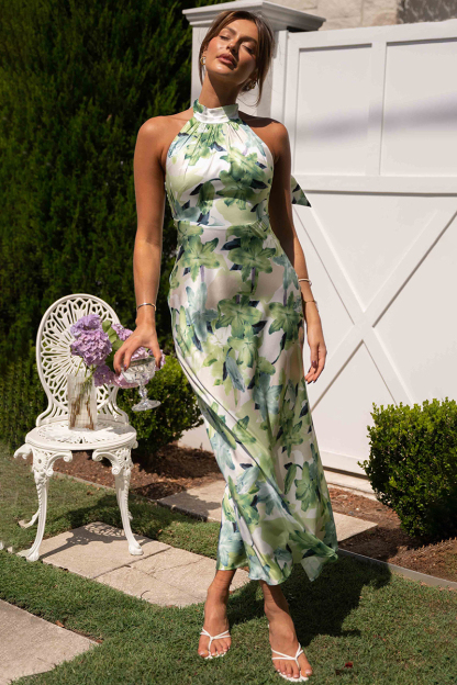 Floral Print Halter Backless Flowy Vacation Maxi Dresses-Hayhty.All Rights Reserved.