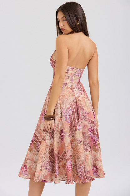 Floral Paisley Mixed Print Cinch Waist Halter Midi Dresses-Purple-Hayhty.All Rights Reserved.