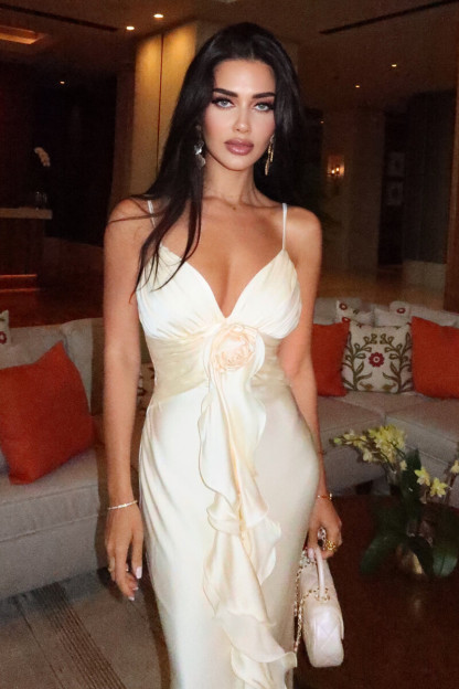 Deep V Neck 3D Flower Ruffled Sash Gowns Slip Maxi Dresses-Beige-Hayhty.All Rights Reserved.