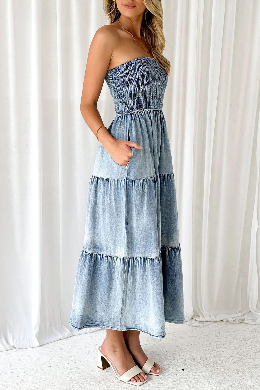 Boat Neck A-Line Side Slit Denim Distressed Midi Tube Dresses-Blue-Hayhty.All Rights Reserved.
