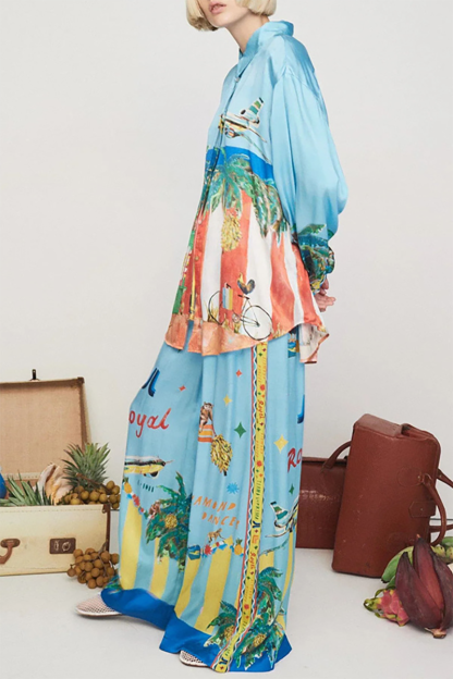 Vacation Mixed Print Turndown Collar Blouse Wide Leg Pants Matching Set-Blue-Hayhty.All Rights Reserved.