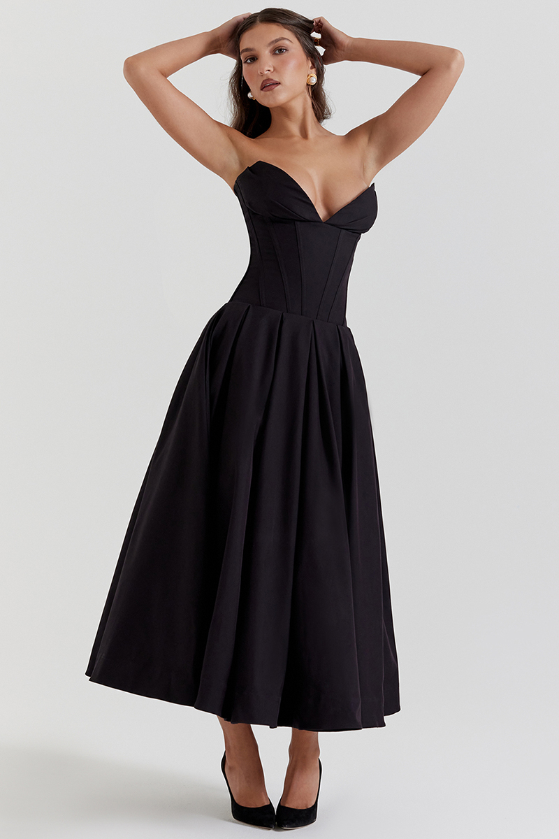 Deep V Neck Strapless Corset A-Line Pleated Midi Dresses-Black-Hayhty.All Rights Reserved.