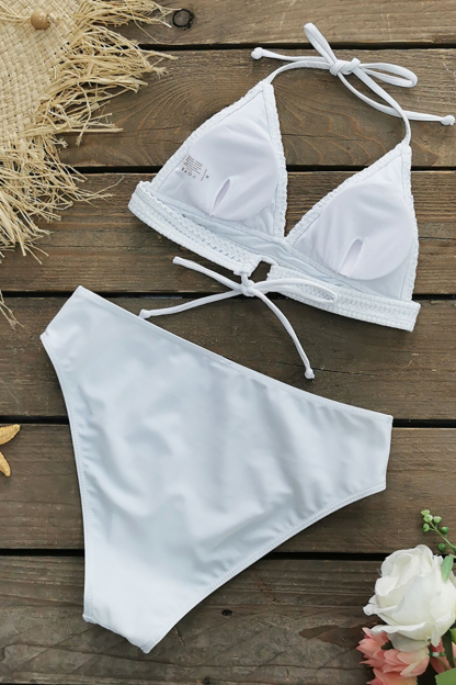 Lace Hollow Out White Tied Up Halter Deep V Neck 3-Piece Bikini Sets-Hayhty.All Rights Reserved.
