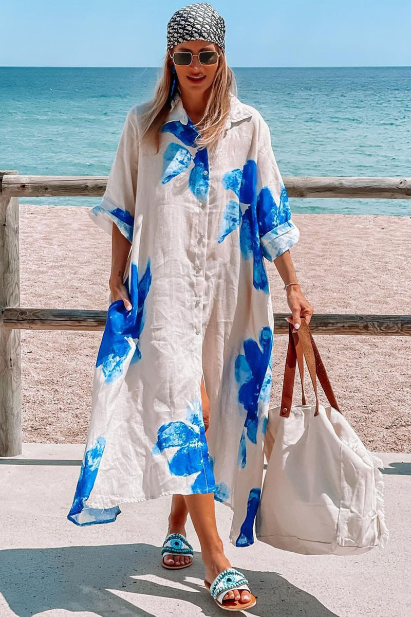Half Sleeve Turndown Collar Floral Print Vacation Midi Dresses-Hayhty.All Rights Reserved.