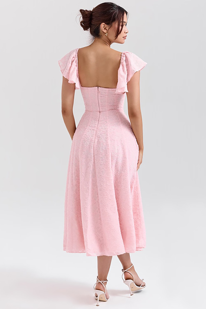 Flutter Sleeve Sweetheart Neckline A-Line Jacquard Midi Dresses-Pink-Hayhty.All Rights Reserved.