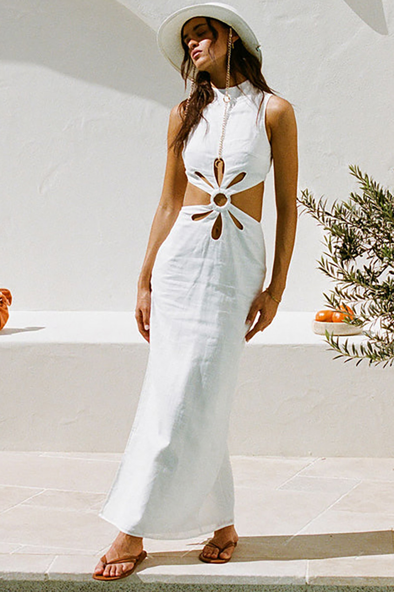 White Cutout Hollow Out Tied Up Sleeveless High Neck Slit Slim Maxi Dresses-Hayhty.All Rights Reserved.