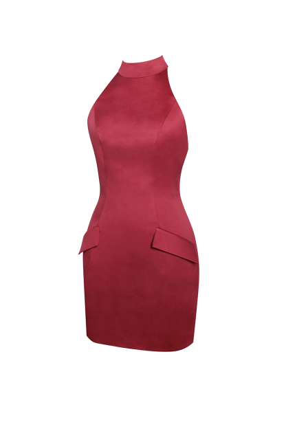 Halter Open Back Bodycon Decorative Flap Pockets Mini Dresses-Red-Hayhty.All Rights Reserved.