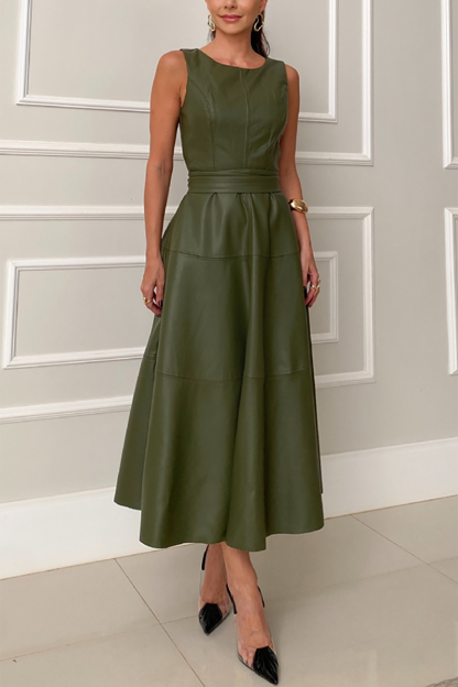 Faux Leather Solid Color A-Line Midi Tank Dresses-Green-Hayhty.All Rights Reserved.