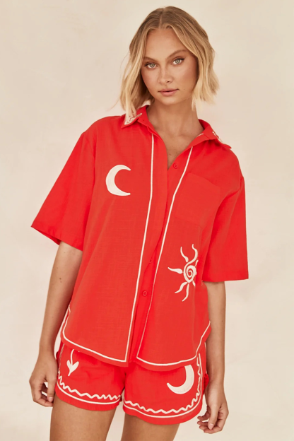 Floral Embroidery Short Sleeve Blouse Elastic Waist Shorts Matching Set-Blue-Hayhty.All Rights Reserved.