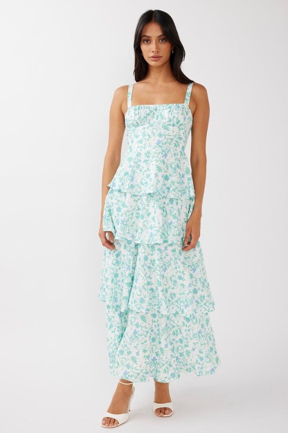 Floral Print Square Neck Straps Back Ribbon Cut Out Tiered Wedding Guest Maxi Dresses-Blue-Hayhty.All Rights Reserved.
