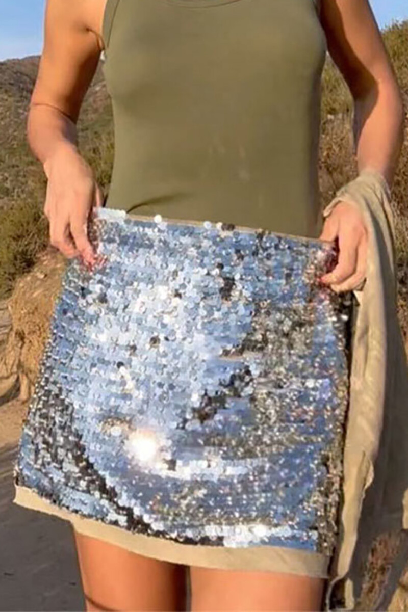 Sparkling Sequin Vest Slim Fit Mini Skirt Matching Set-Silver-Hayhty.All Rights Reserved.