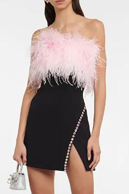 Feather Strapless Slim Fit Rhinestone Trim Slit Cocktail Party Mini Dresses-Black-Hayhty.All Rights Reserved.