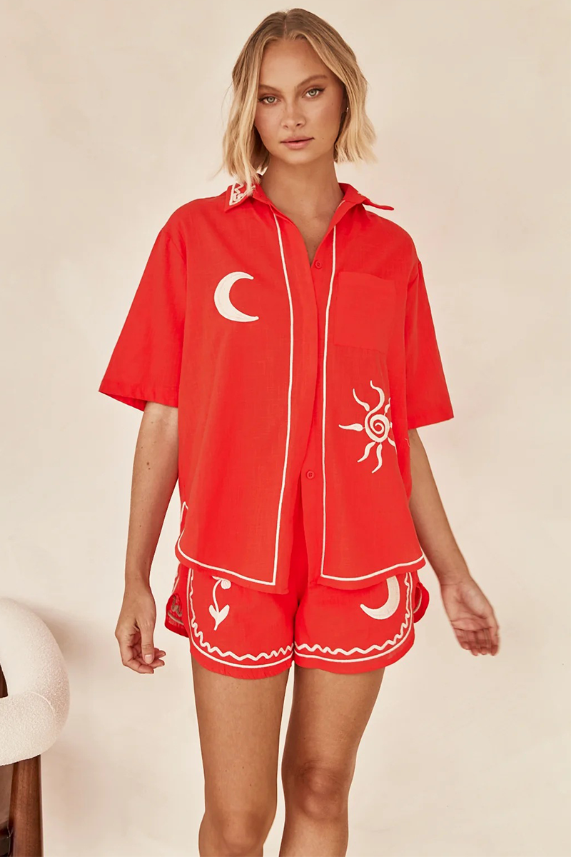 Floral Embroidery Short Sleeve Blouse Elastic Waist Shorts Matching Set-Blue-Hayhty.All Rights Reserved.