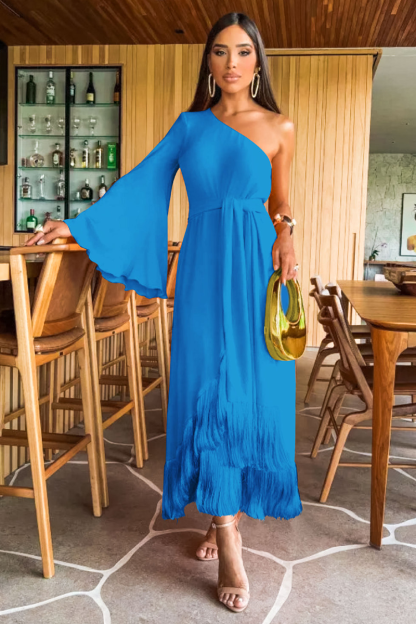 One Shoulder Bell Sleeve Tie Belt A-Line Fringed Hemline Maxi Dresses-Orange-Hayhty.All Rights Reserved.