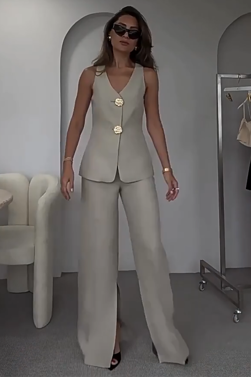 Metal Button Up V Neck Vest Slit Wide Leg Pants Matching Set-Grey-Hayhty.All Rights Reserved.