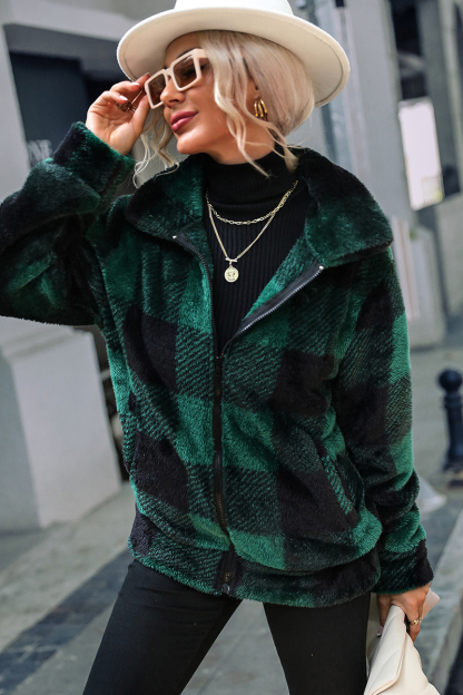 Faux Fur Plaid Turndown Collar Zipper Jacket-Hayhty.All Rights Reserved.