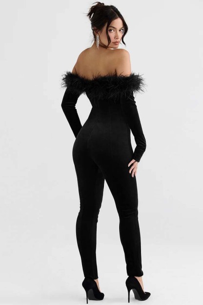 Off Shoulder Feather Trim Long Sleeve Velvet Jumpsuit-Hayhty.All Rights Reserved.