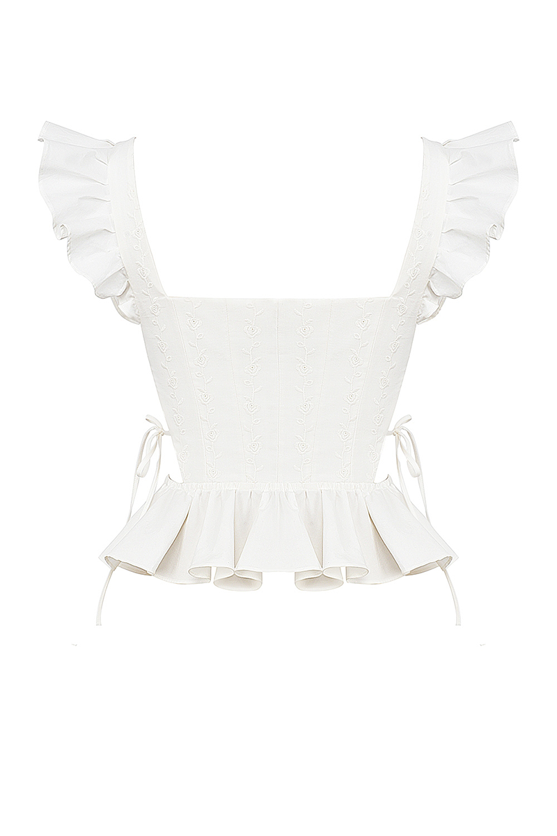 Side Cutout Embroidery Ruffled Corset Midi Skirt 2pcs Set-White-Hayhty.All Rights Reserved.