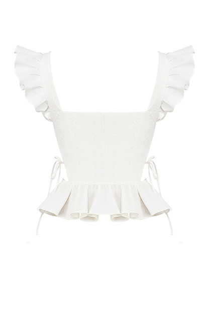 Side Cutout Embroidery Ruffled Corset Midi Skirt 2pcs Set-White-Hayhty.All Rights Reserved.