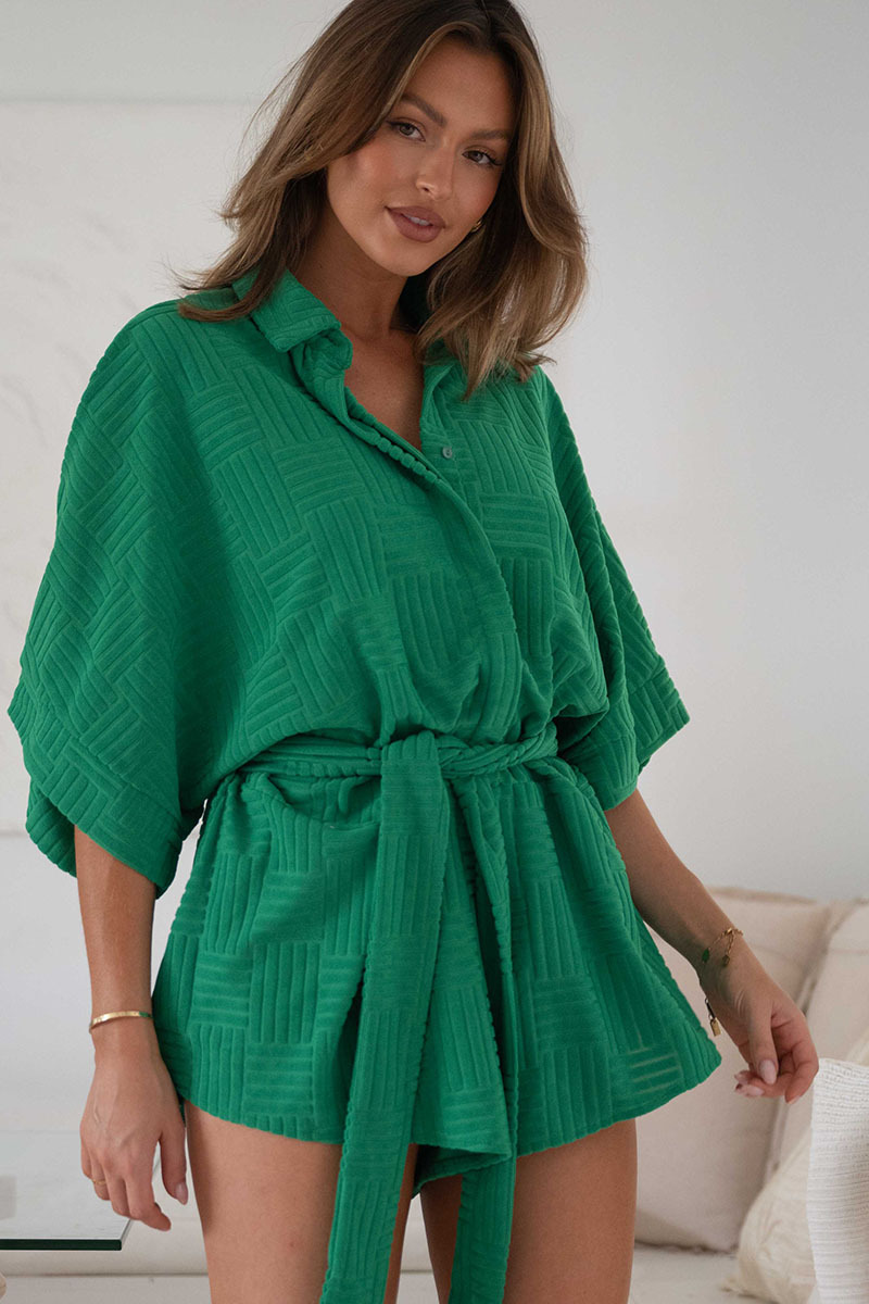 Sleeve Tied Button Down Oversized Waist Rompers-Hayhty.All Rights Reserved.