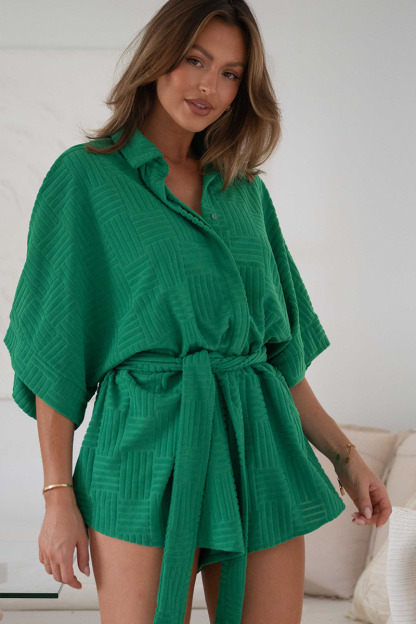 Sleeve Tied Button Down Oversized Waist Rompers-Hayhty.All Rights Reserved.