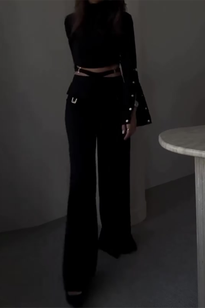 Stand Collar Slit Long Sleeve Crop Top Wide Leg Pants Matching Set-White-Hayhty.All Rights Reserved.