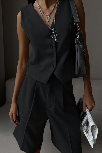 V Neck Button Up Vest Plain Shorts Matching Set-Grey-Hayhty.All Rights Reserved.