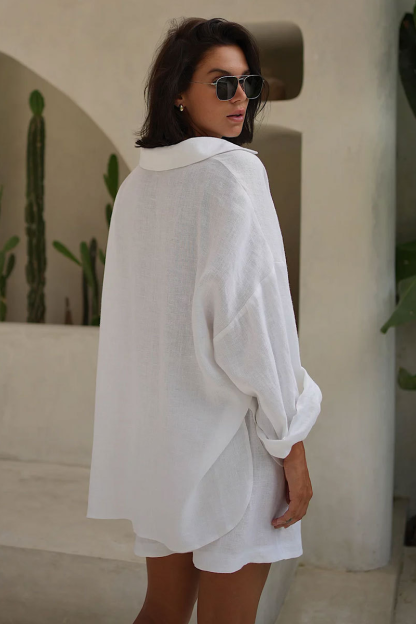 Solid Color Loose Fit Blouse Pocket Casual Shorts Matching Set-White-Hayhty.All Rights Reserved.
