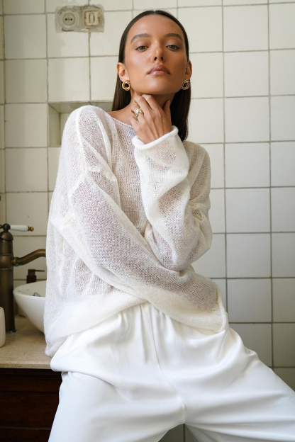 See Through Knit Flare Sleeve Loose Fit Solid Color Top-White-Hayhty.All Rights Reserved.