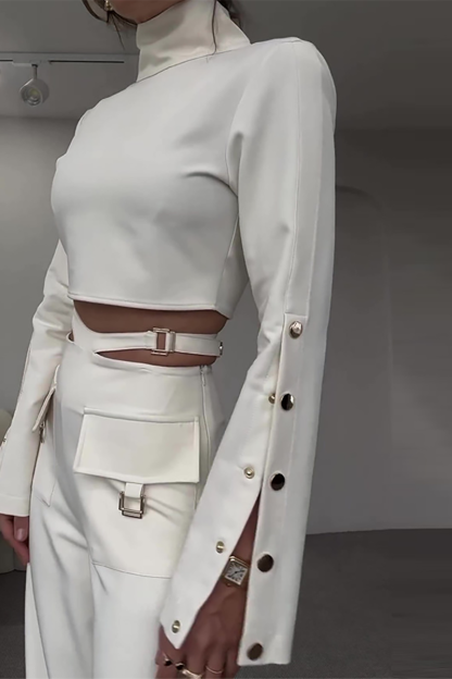 Stand Collar Slit Long Sleeve Crop Top Wide Leg Pants Matching Set-White-Hayhty.All Rights Reserved.