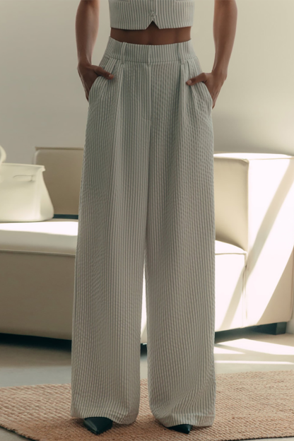 Striped Print V Neck Crop Waistcoat Wide Leg Pants Matching Set-White-Hayhty.All Rights Reserved.