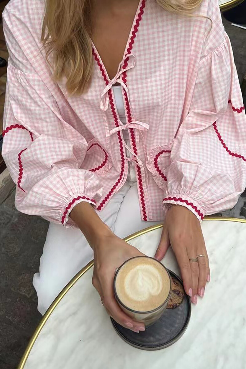 Plaid Pattern Wavy Trim Heart Pockets Tie Up Lantern Sleeve Top-Pink-Hayhty.All Rights Reserved.