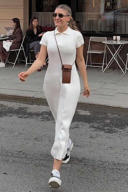 Knit Turndown Collar Short Sleeve Solid Color Maxi Dresses-White-Hayhty.All Rights Reserved.