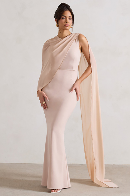 Mesh Patchwork Asymmetrical Caped Sleeve Bodycon Gowns Maxi Dresses-Beige-Hayhty.All Rights Reserved.