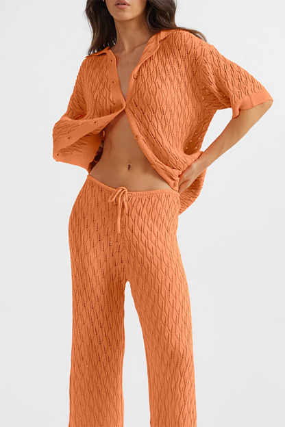 Hollow Out Knit Half Sleeve Blouse Wide Leg Pants Matching Set-Orange-Hayhty.All Rights Reserved.