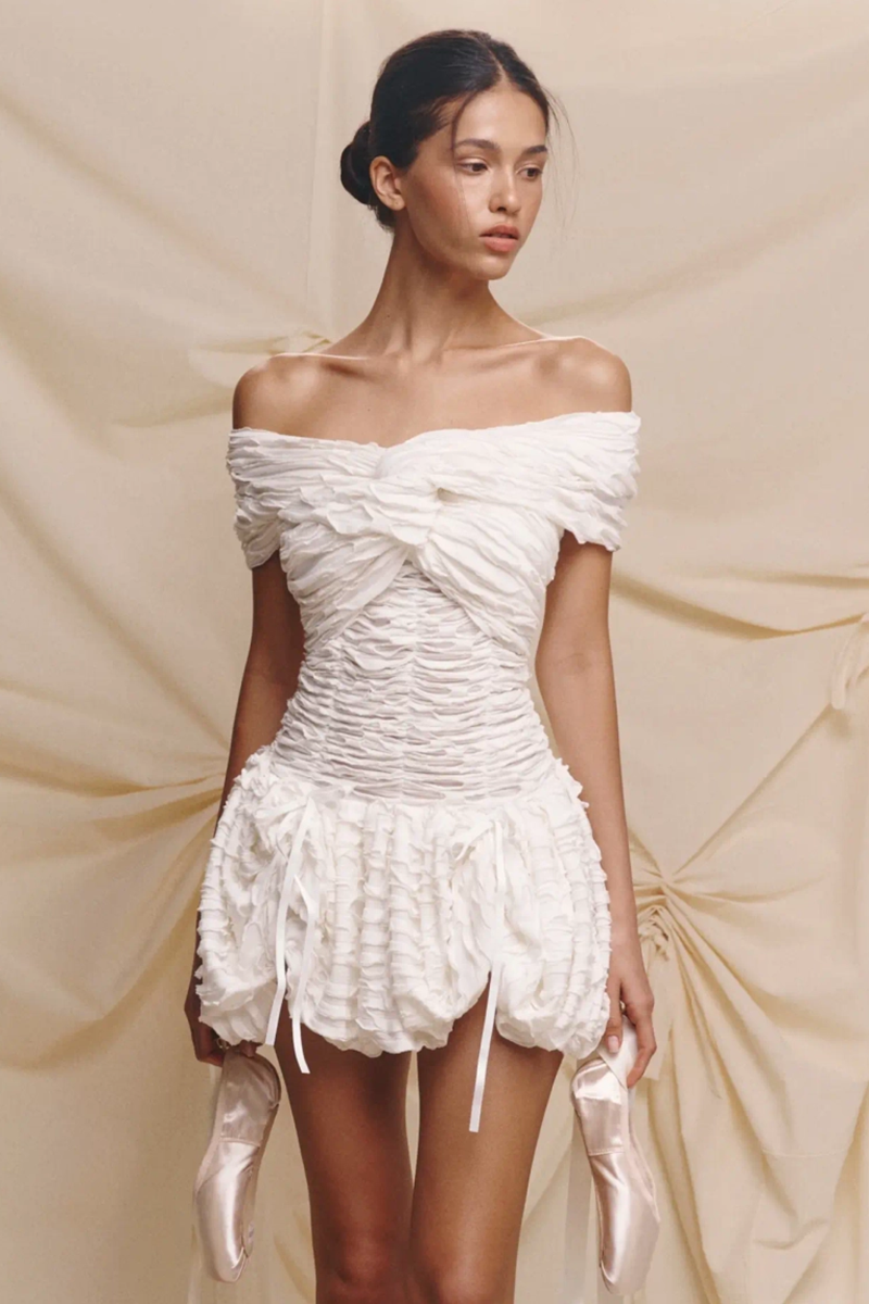 Off Shoulder Ruched Cinch Waist Tie Up Mini Dresses-White-Hayhty.All Rights Reserved.