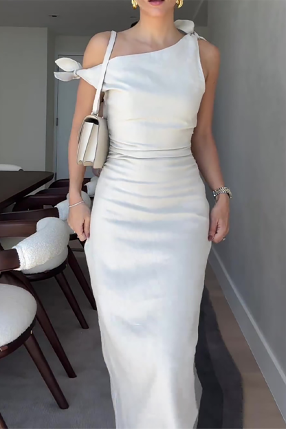 Skew Neck One Shoulder Tie Up Slim Fit Solid Color Midi Dresses-White-Hayhty.All Rights Reserved.