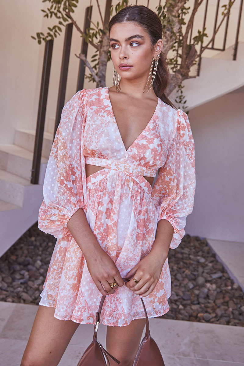 Chiffon Cut Out Paisley Print Deep V Neck Lantern Sleeve A-Line Vacation Mini Dresses-Hayhty.All Rights Reserved.