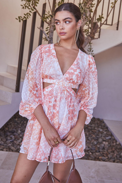 Chiffon Cut Out Paisley Print Deep V Neck Lantern Sleeve A-Line Vacation Mini Dresses-Hayhty.All Rights Reserved.
