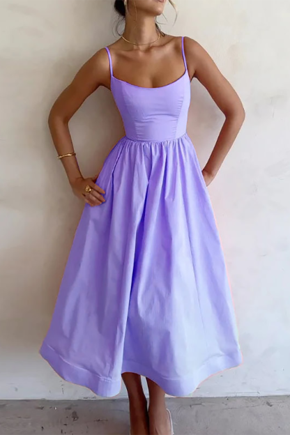 Solid Color U Neck Cinch Waist Spaghetti Strap Midi Dresses-Pink-Hayhty.All Rights Reserved.