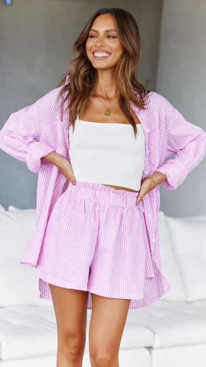 Relaxed Fit Button Up Shirt Set-Pink/Blue Stripe-Hayhty.All Rights Reserved.