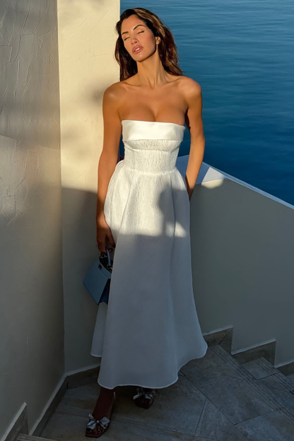 Strapless Cinch Waist Textured Elegant Gowns Maxi Dresses-White-Hayhty.All Rights Reserved.