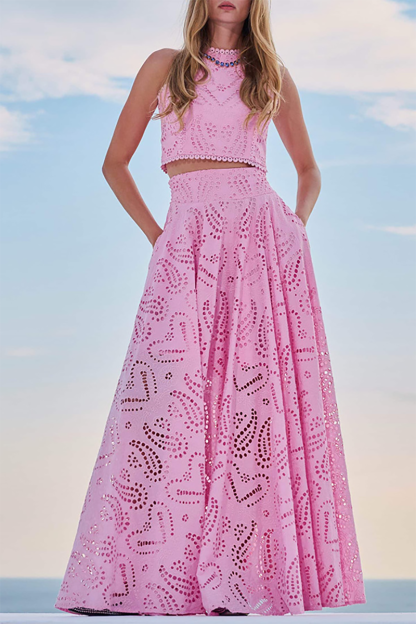 Hollow Out Pattern Sleeveless Crop Top High Waist Maxi Skirt Matching Set-Blue-Hayhty.All Rights Reserved.