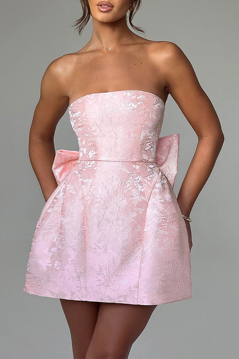 Jacquard Boat Neck A-Line Puffy Hem Back Bow Cocktail Party Mini Dresses-Pink-Hayhty.All Rights Reserved.