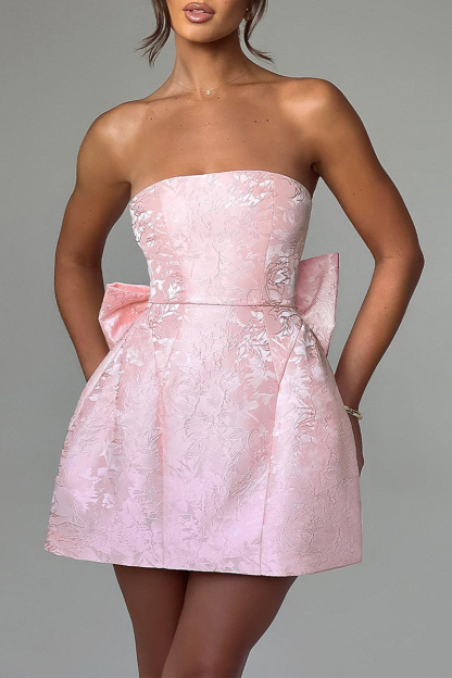 Jacquard Boat Neck A-Line Puffy Hem Back Bow Cocktail Party Mini Dresses-Pink-Hayhty.All Rights Reserved.