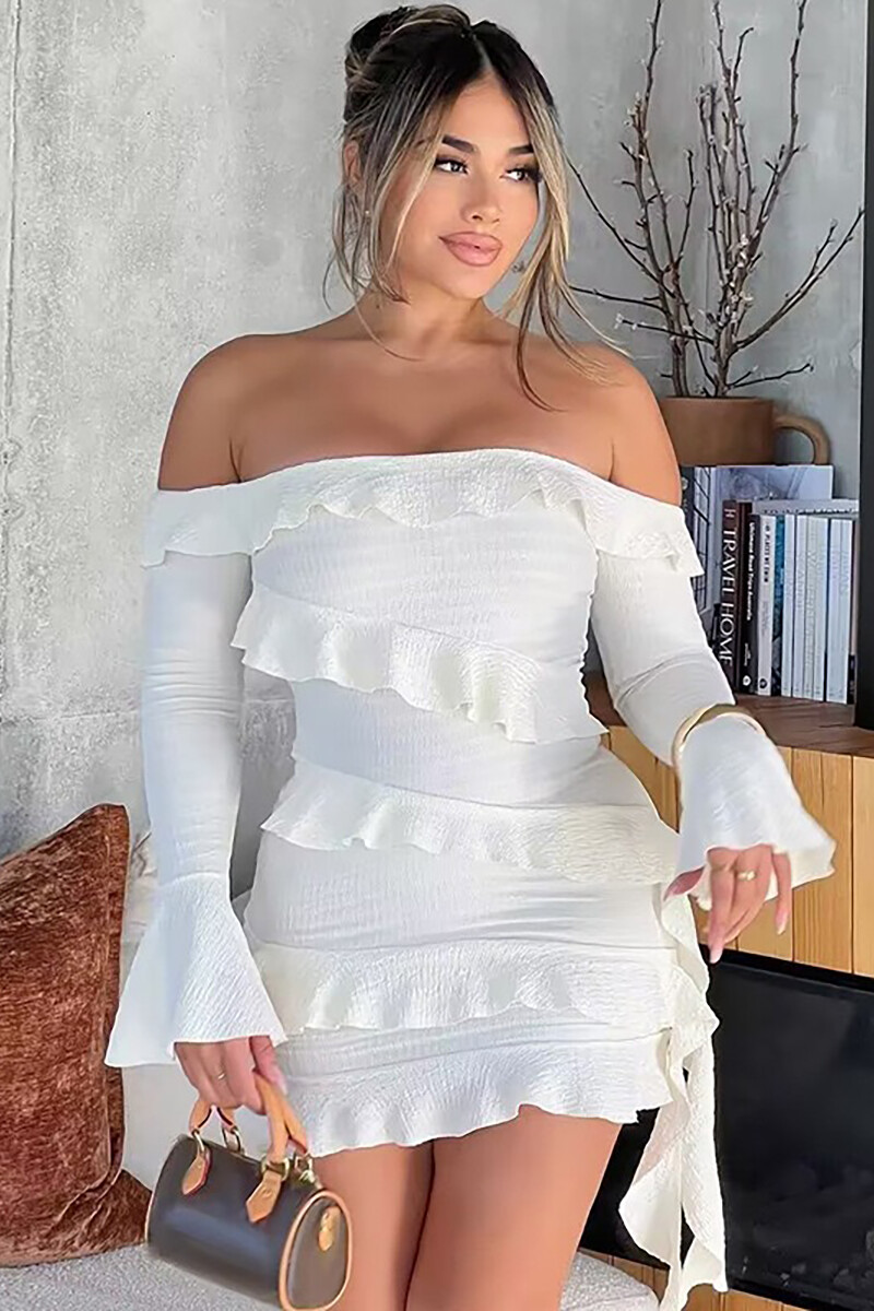 Ruffled Trim Off Shoulder Flare Sleeve Bodycon Streamer Mini Dresses-White-Hayhty.All Rights Reserved.