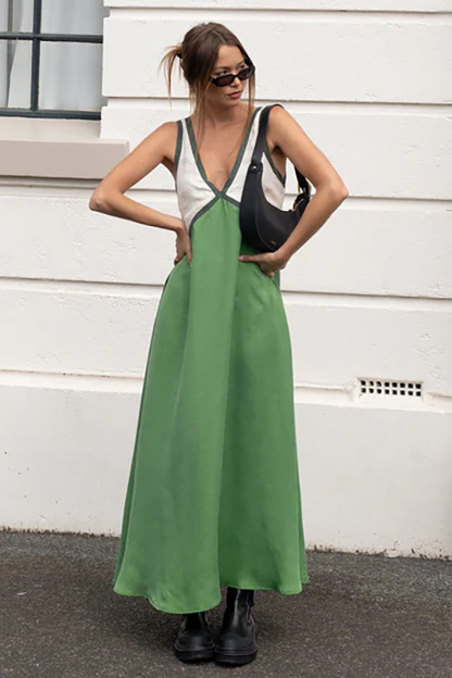 Deep V Neck Colorblock Loose Fit Maxi Tank Dresses-Green-Hayhty.All Rights Reserved.
