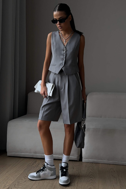 V Neck Button Up Vest Plain Shorts Matching Set-Grey-Hayhty.All Rights Reserved.