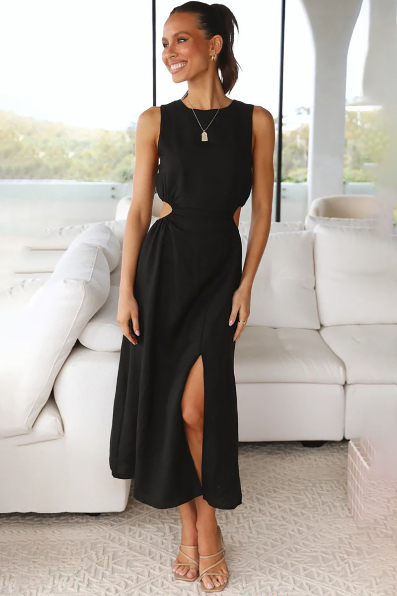Boat Neck Cut Out A Line Sleeveless Midi Dress-Hayhty.All Rights Reserved.